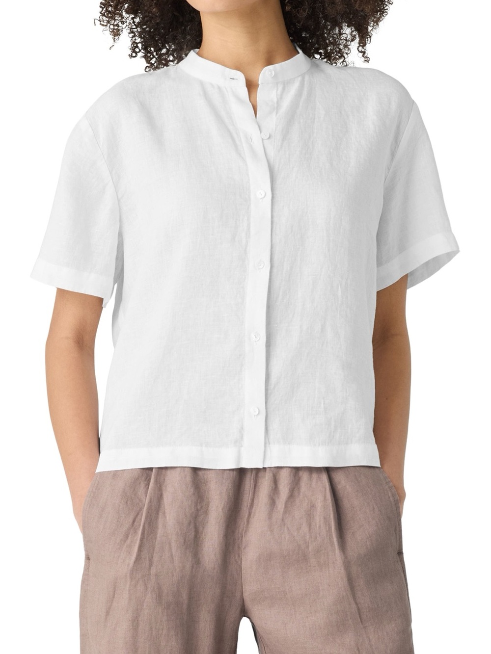 Eileen Fisher White Organic Linen Short-Sleeve Mandarin Collar Button-Down Top